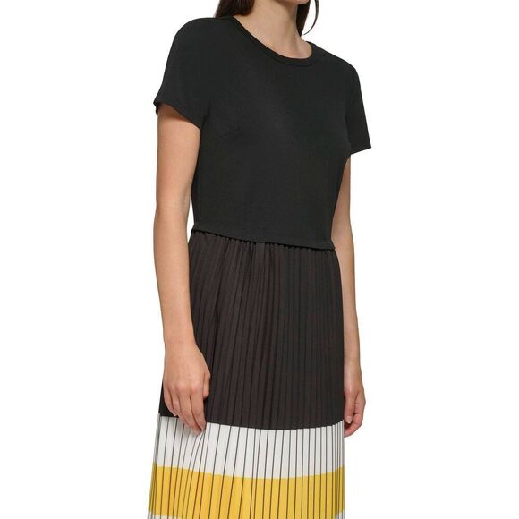 Karl Lagerfeld Paris Women's Pleated Printed Midi Dress Large Black Lemon Chrom